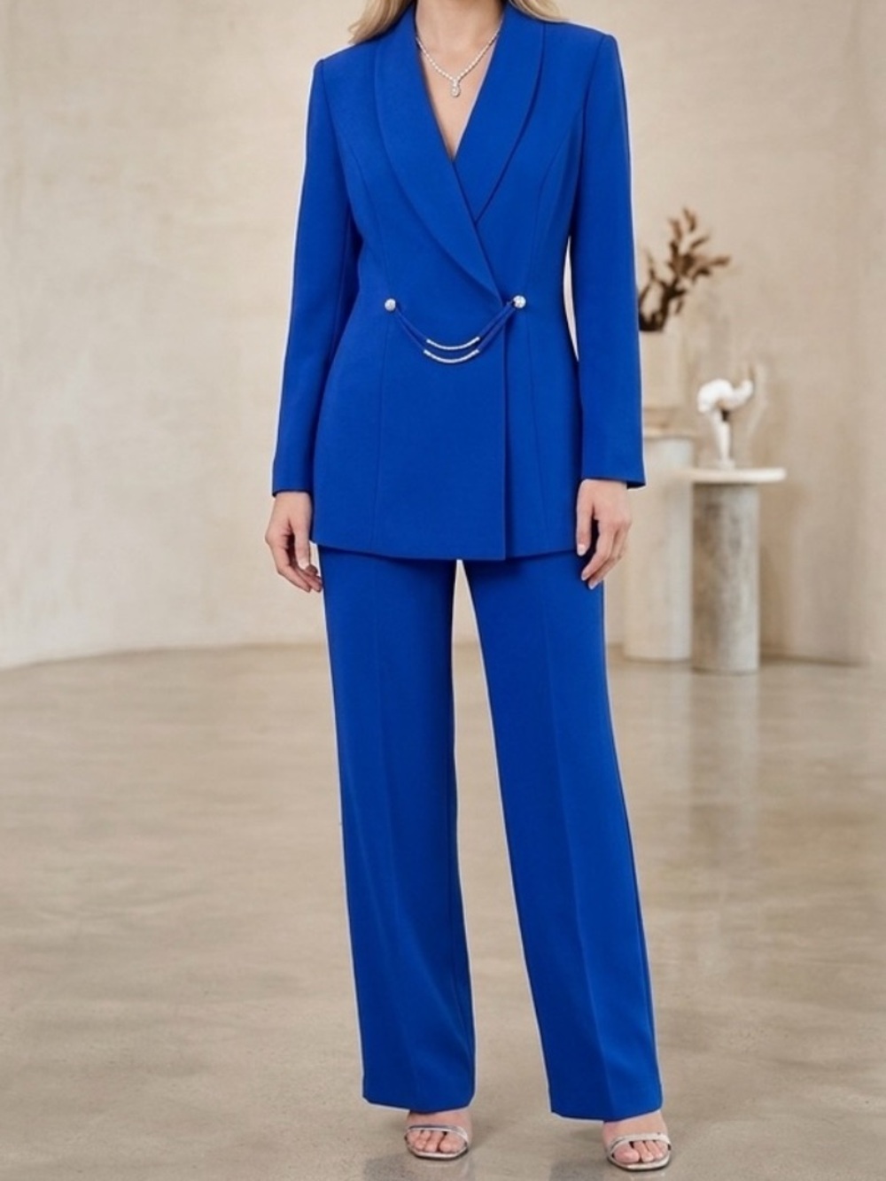 Vintage 90s Pants Suit Blazer Dress Trousers Blue Silver Chain Formal Size 16W - Picture 16 of 16